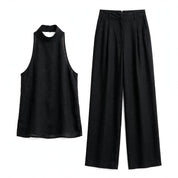 Greta Windford | Black Halter Mock Neck Top and Pants Set For Women