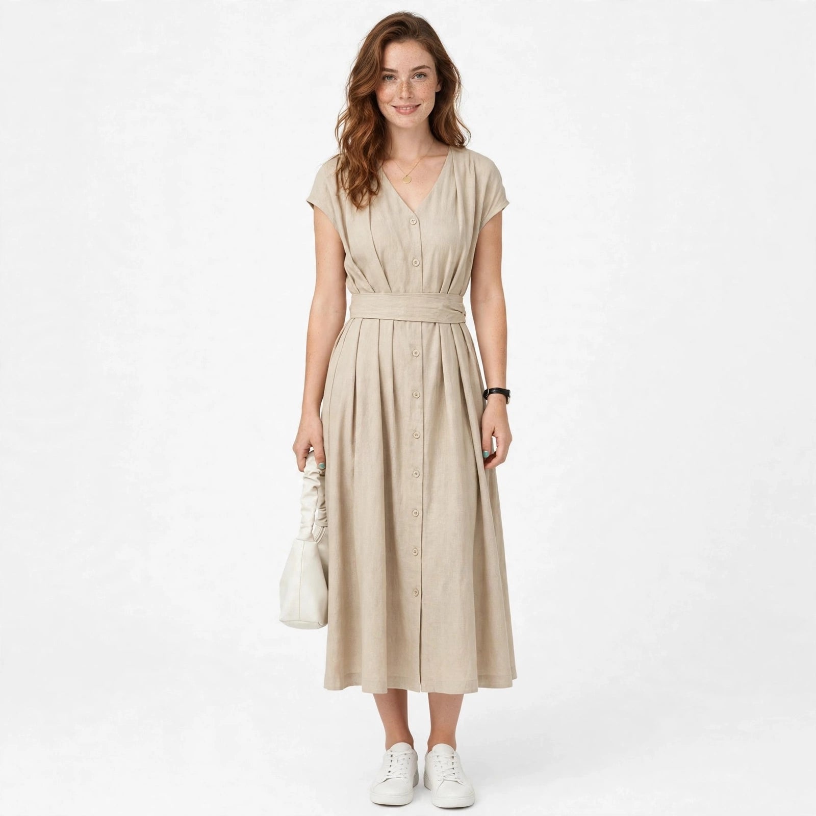 Gwen Windbridge | Khaki Pleated Tie Waist Midi Dress For Women