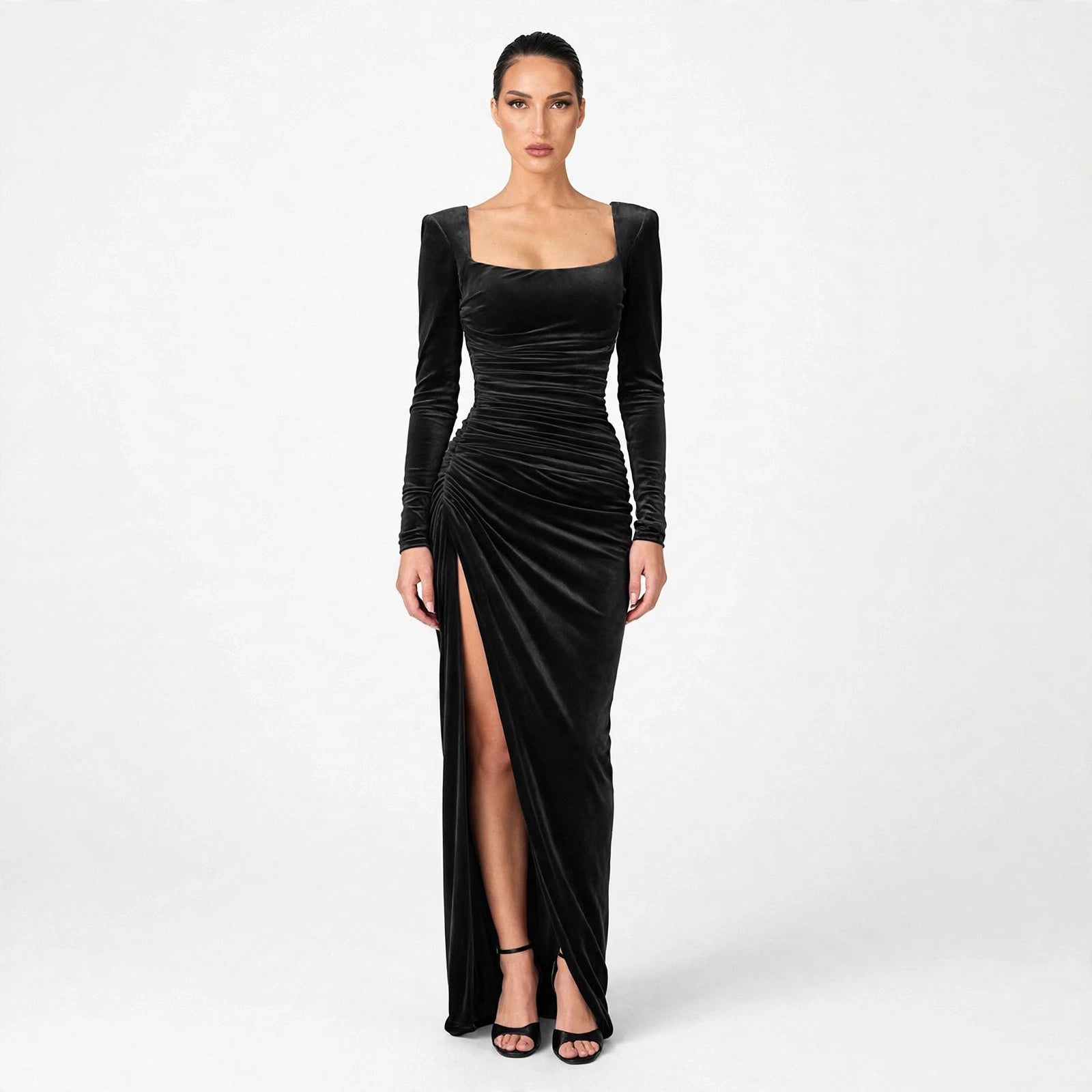 Gwyneth Edgcombe | Black Velvet Square Neck Formal Dress For Women