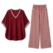 Indi Rushwell | Pink Striped Trim V-Neck Top and Pants Set For Women