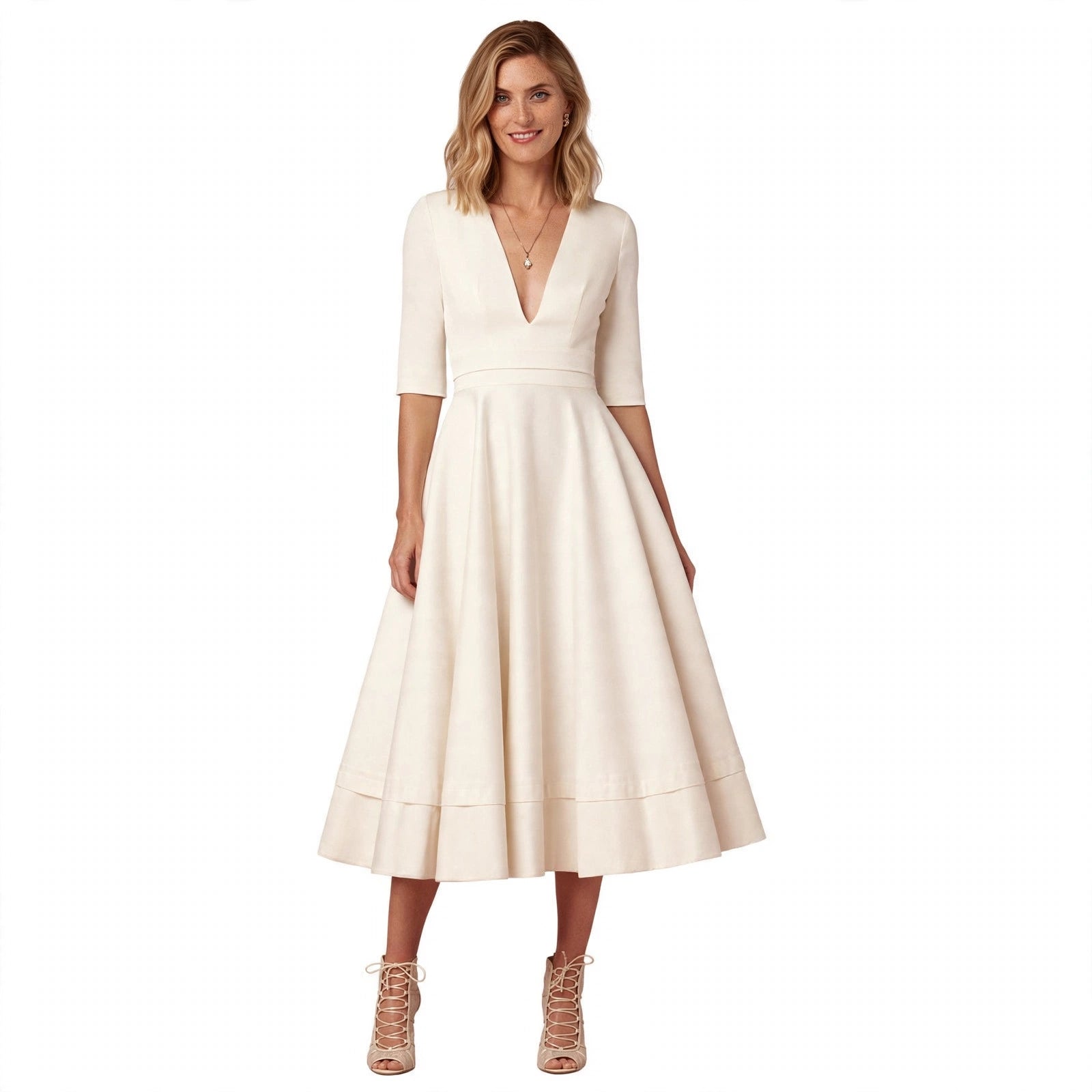 Jessamy Penshaw | Ivory V Neck Swing Midi Dress For Women