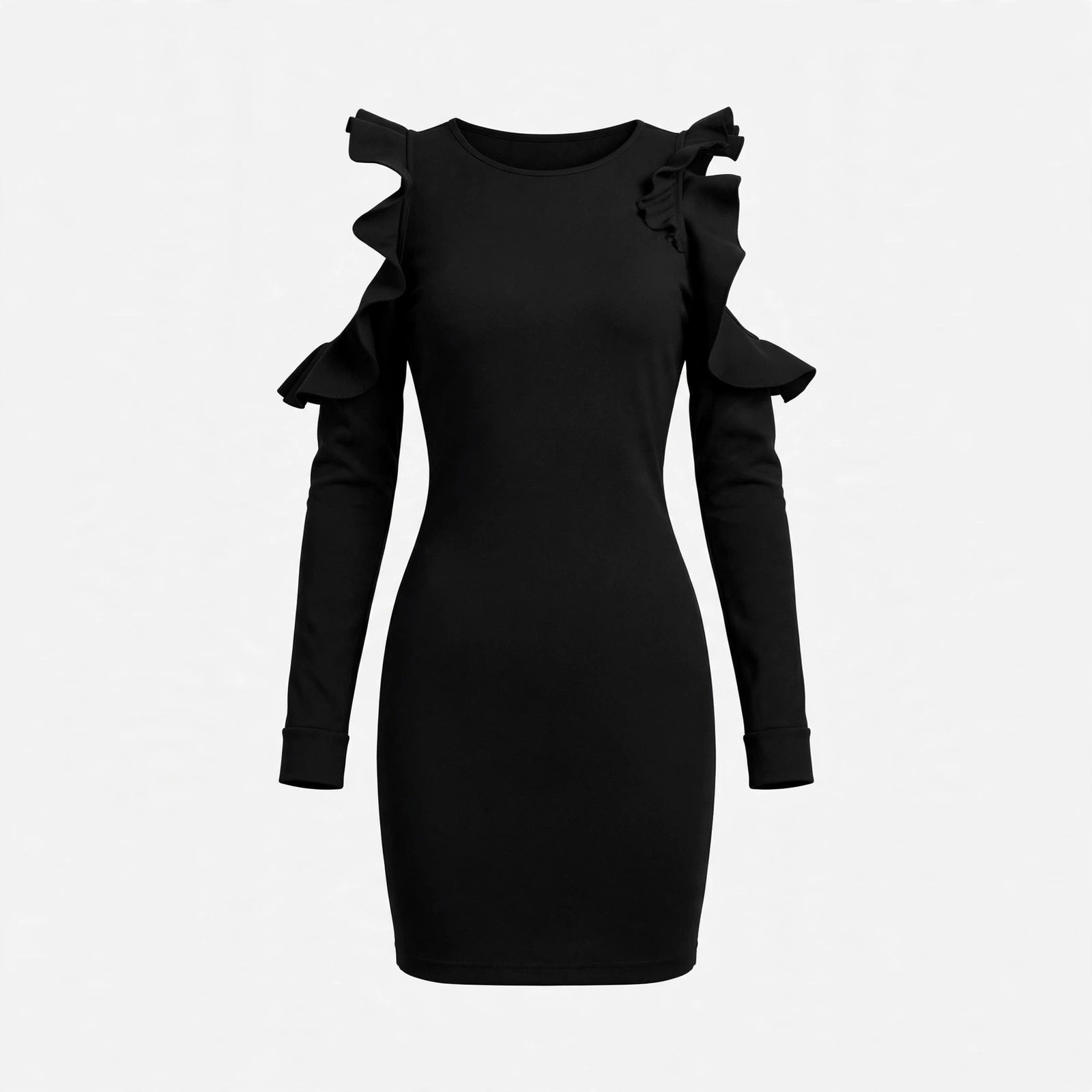 Eluned Holcombe | Black Cold Shoulder Ruffle Mini Dress For Women