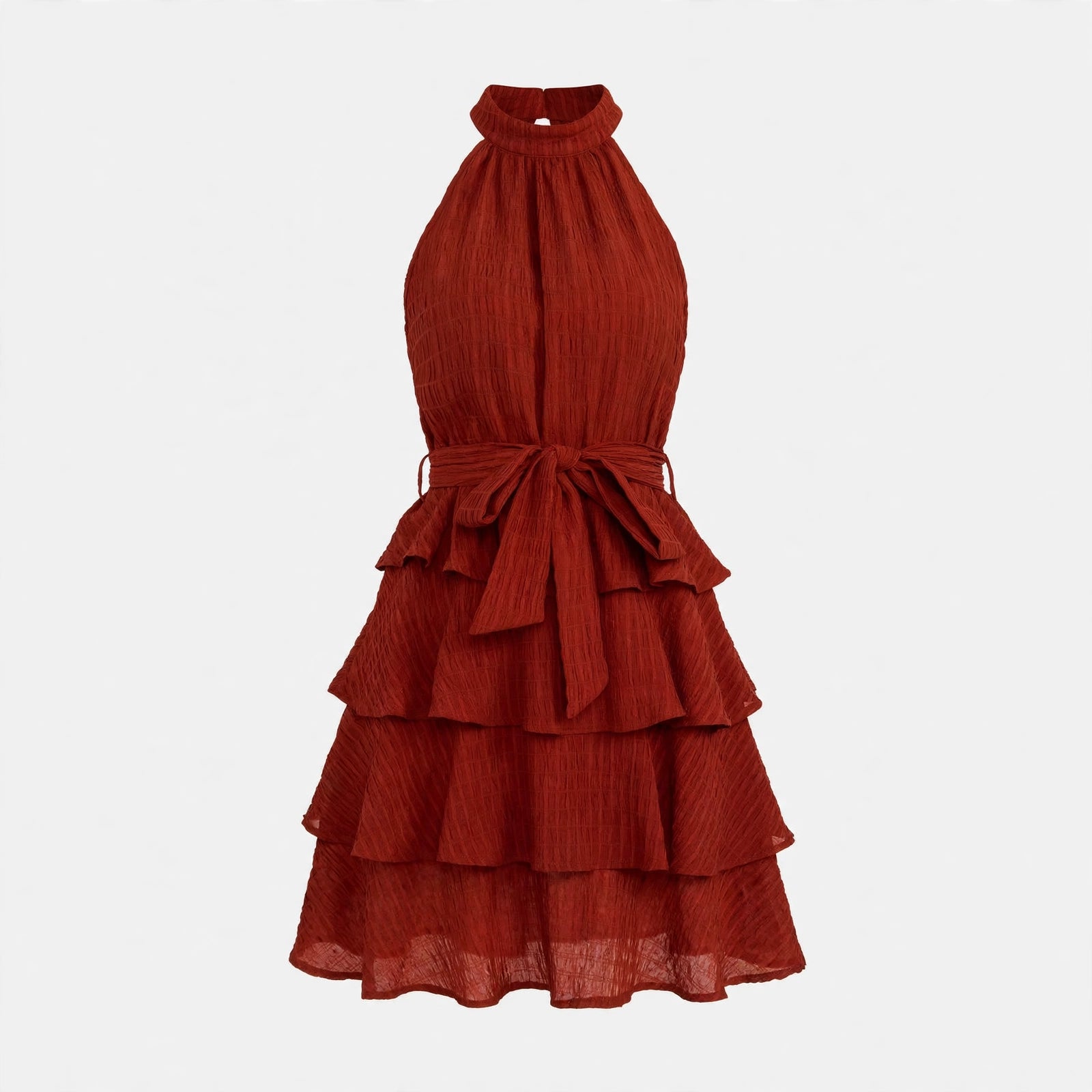Enid Faldale | Rust Halter Tiered Ruffle Mini Dress For Women