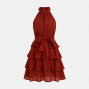 Enid Faldale | Rust Halter Tiered Ruffle Mini Dress For Women