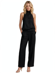 Greta Windford | Black Halter Mock Neck Top and Pants Set For Women