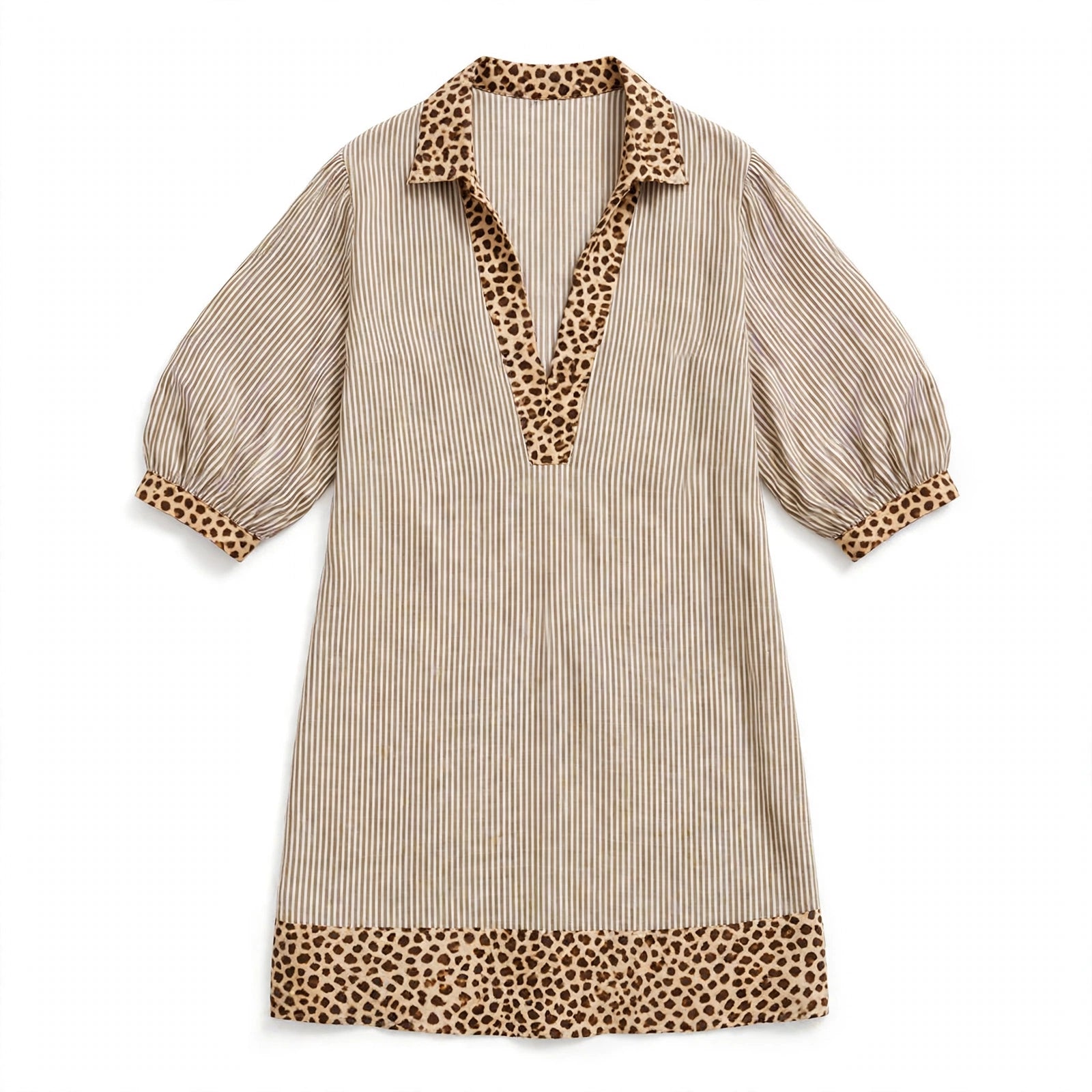 Lotte Brookwell | Brown Striped Leopard Trim Shirt Dress For Women