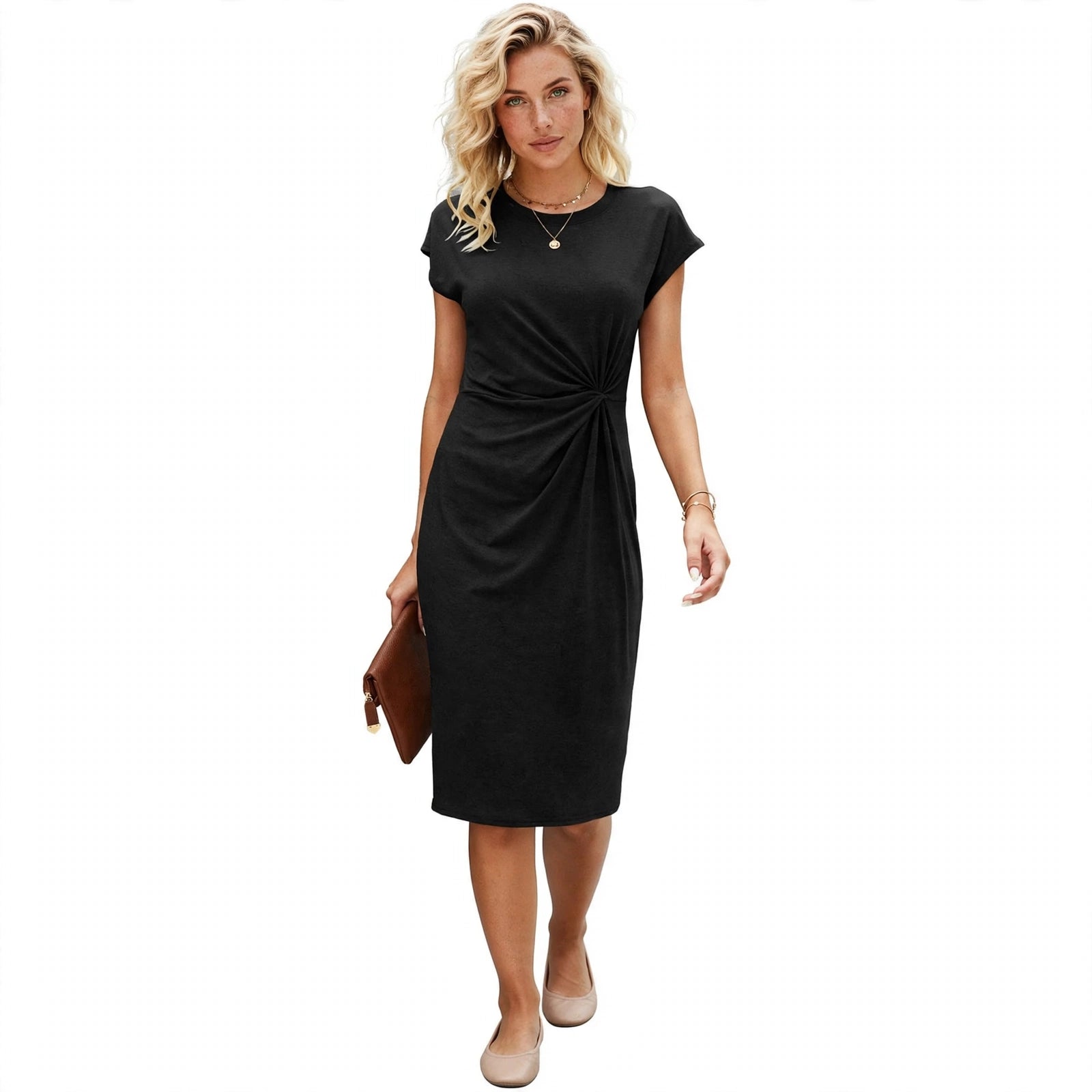 Allegra Marcroft | Black Ruched Cap Sleeve Midi Dress For Women