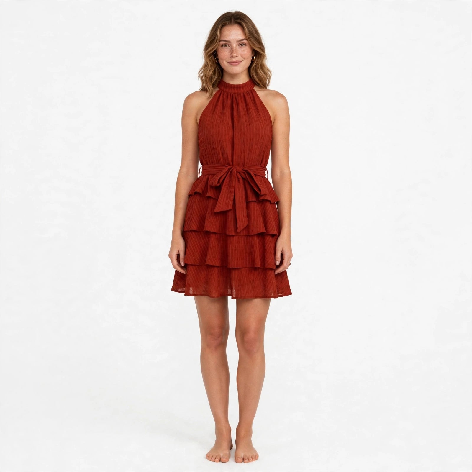 Enid Faldale | Rust Halter Tiered Ruffle Mini Dress For Women