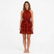 Enid Faldale | Rust Halter Tiered Ruffle Mini Dress For Women