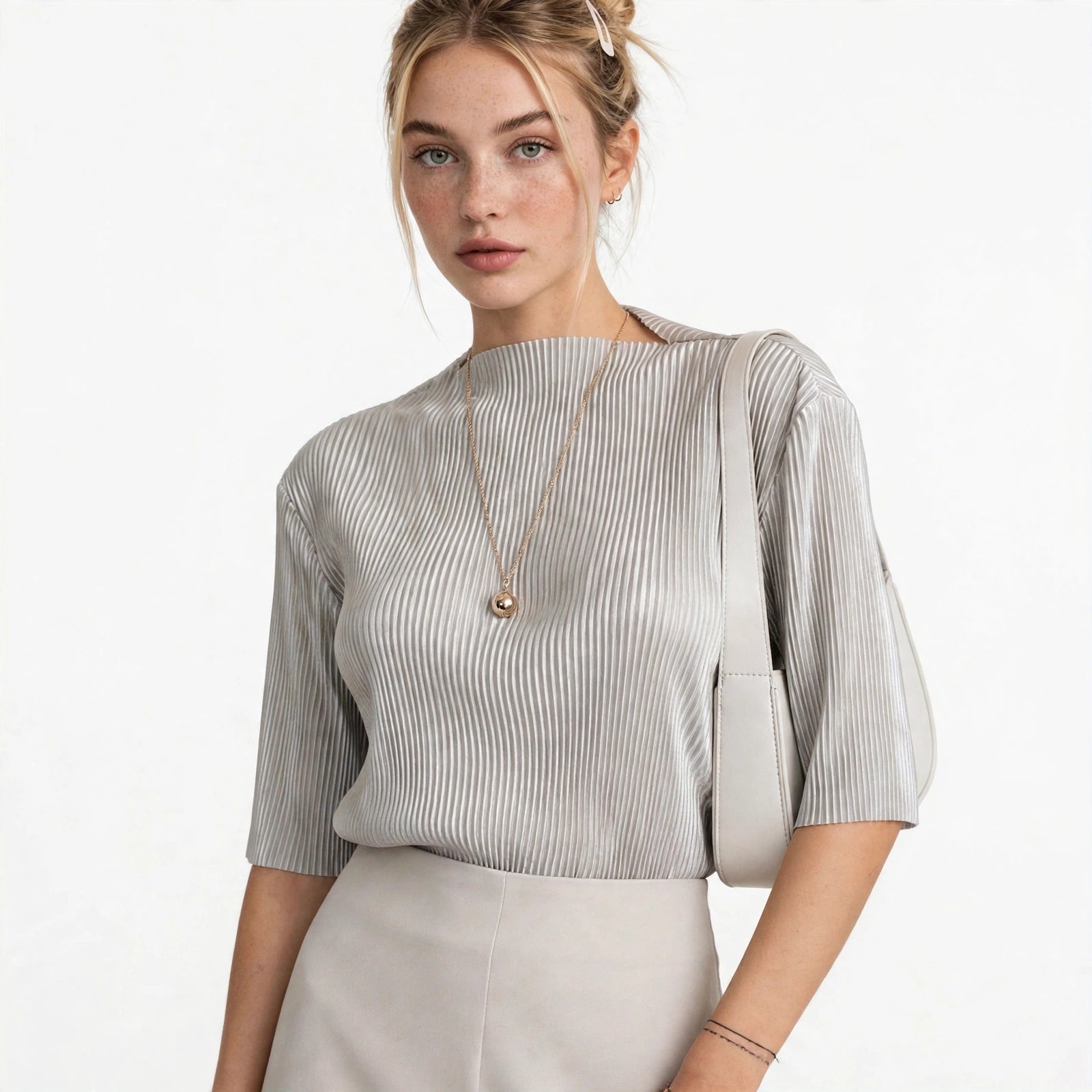 Isla Whitcroft | Silver Pleated Mock Neck Top For Women