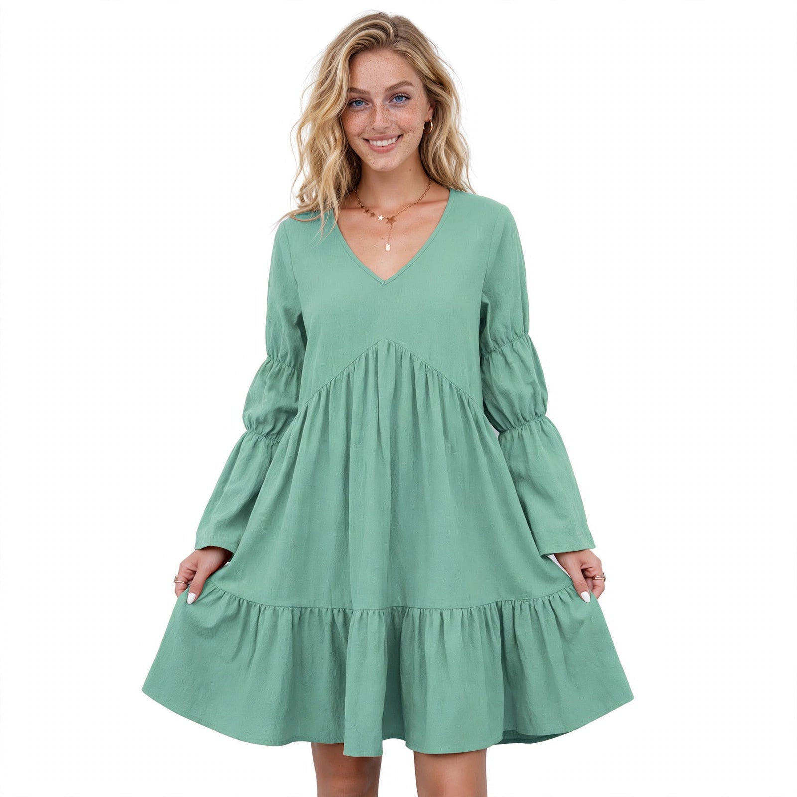 Lorna Kirkbridge | Mint Tiered Bell Sleeve Mini Dress For Women