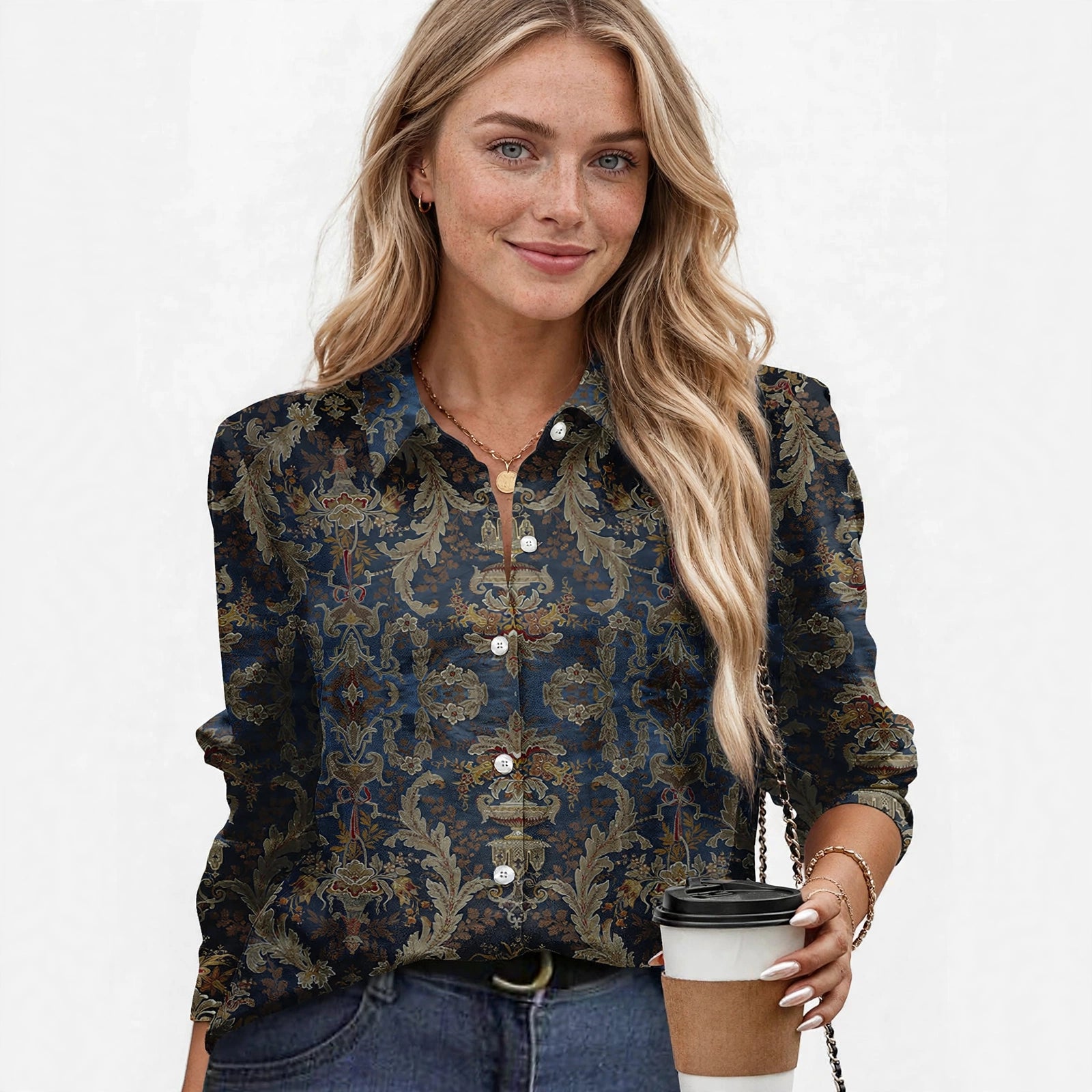 Imogen Wakefield | Navy Gold Baroque Print Blouse For Women