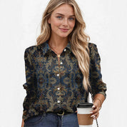 Imogen Wakefield | Navy Gold Baroque Print Blouse For Women