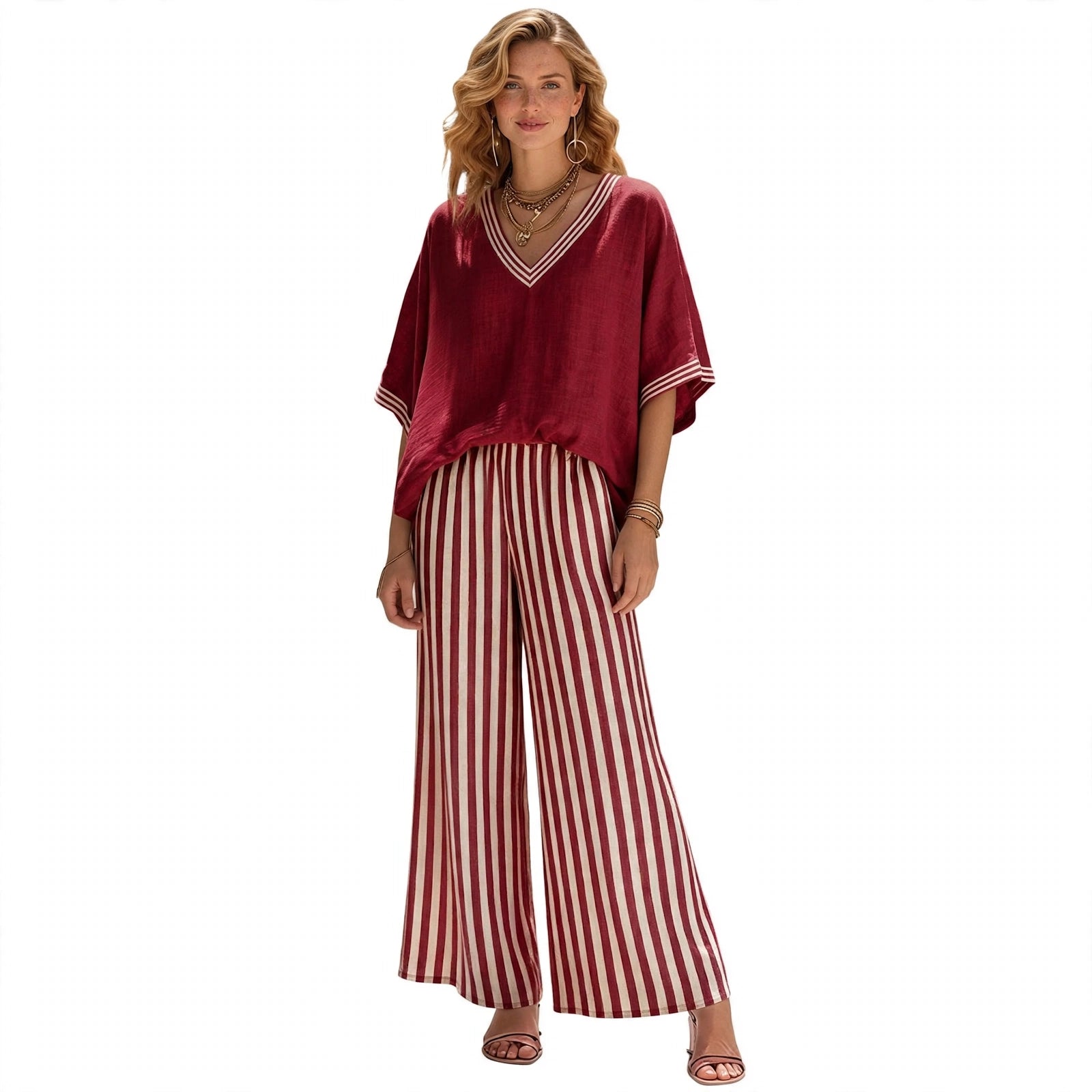 Indi Rushwell | Pink Striped Trim V-Neck Top and Pants Set For Women