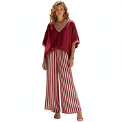 Indi Rushwell | Pink Striped Trim V-Neck Top and Pants Set For Women