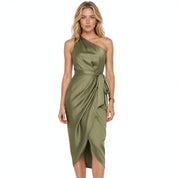 Christabel Ushham | Sage Satin One Shoulder Cocktail Dress For Women