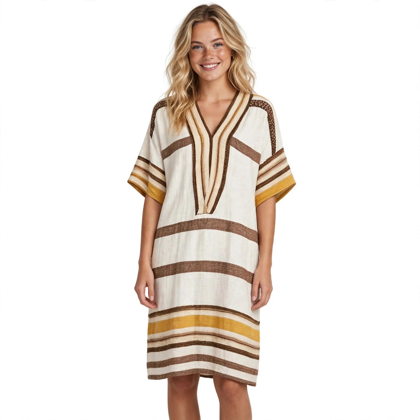 Saffron Whitham | Cream Brown Striped V-Neck Kaftan Dress For Women