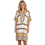 Saffron Whitham | Cream Brown Striped V-Neck Kaftan Dress For Women
