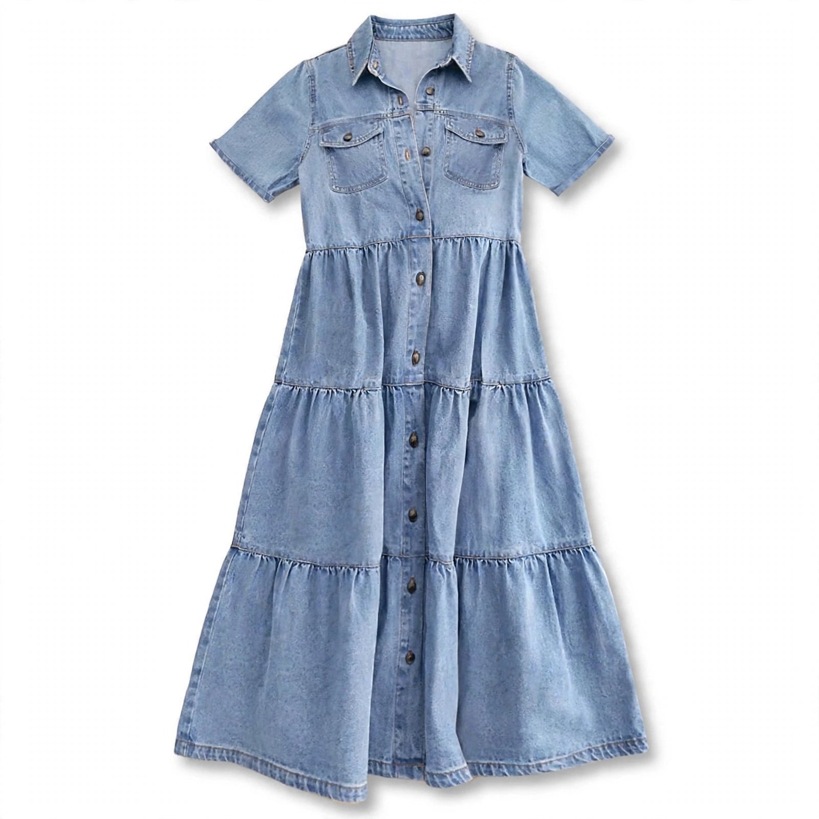 Sveva Walworth | Tiered Denim Maxi Shirt Dress For Women