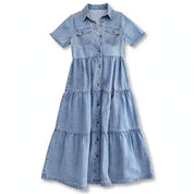 Sveva Walworth | Tiered Denim Maxi Shirt Dress For Women