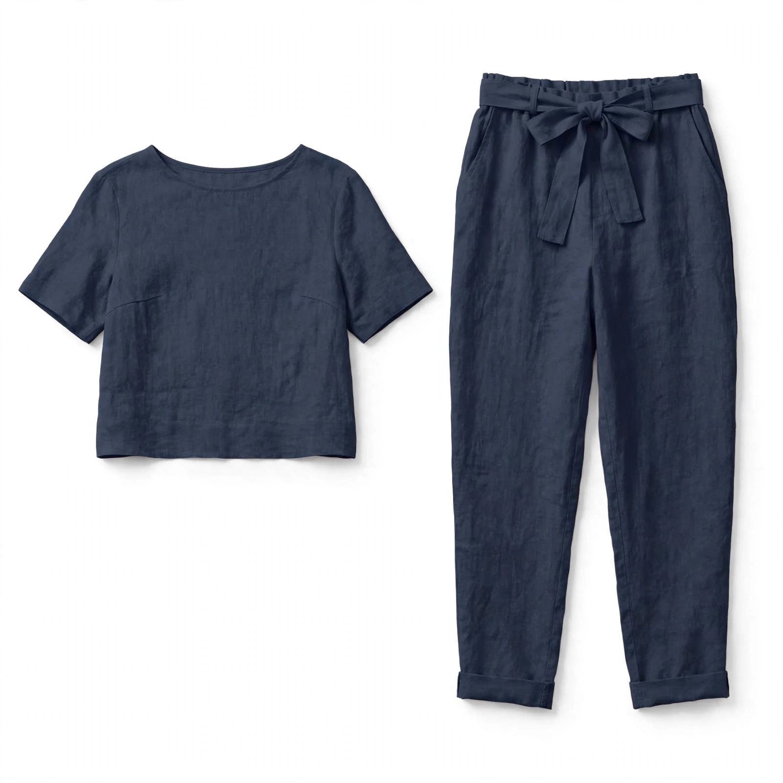 Dora Dalton | Linen-Look Top & Tie-Waist Trousers Set For Women