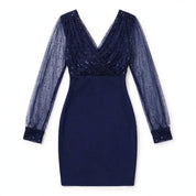Elisa Aldham | Sequin V-Neck Sheer Sleeve Mini Dress For Women (Christmas / NYE)