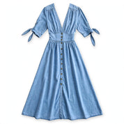 Lia Dalmore | Light Blue Button Front Denim Maxi Dress For Women