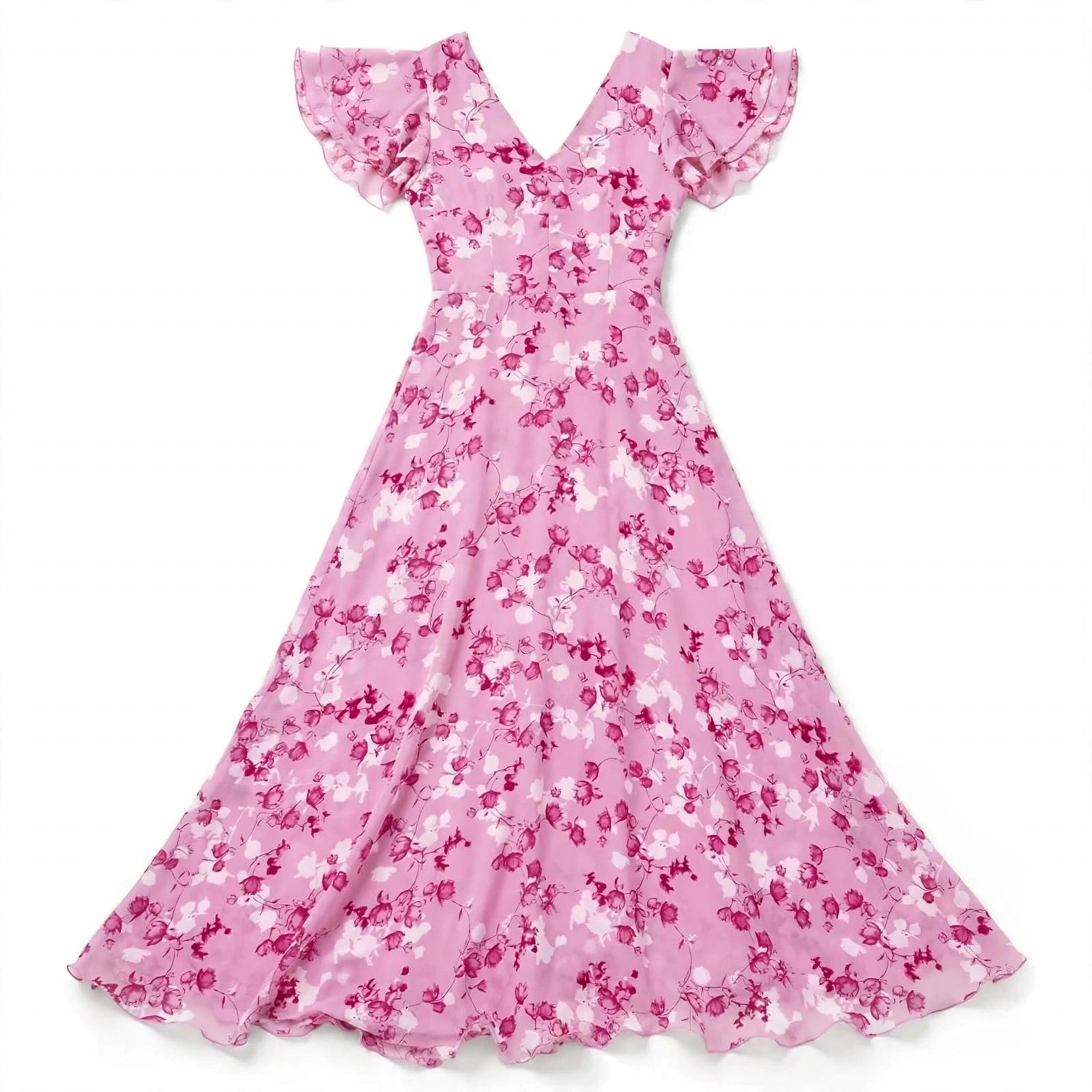 Agata Stanmore | Floral Flutter Sleeve V-Neck Maxi Dress For Women