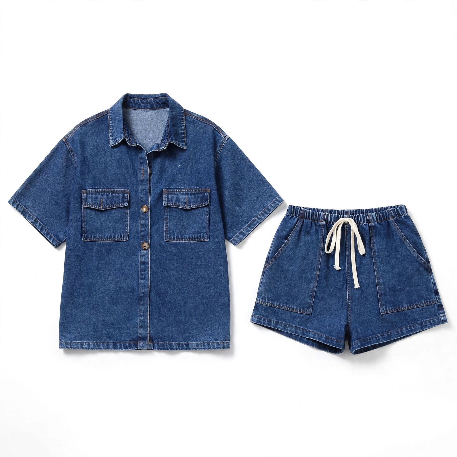 Carolina Salcombe | Denim Shirt & Drawstring Shorts Set For Women