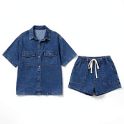 Carolina Salcombe | Denim Shirt & Drawstring Shorts Set For Women