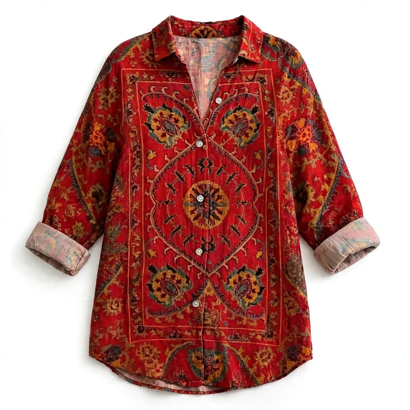 Brunella Swinford | Red Retro Print Button-Up Shirt For Women