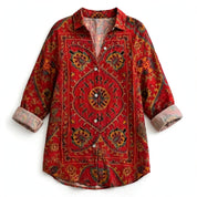 Brunella Swinford | Red Retro Print Button-Up Shirt For Women