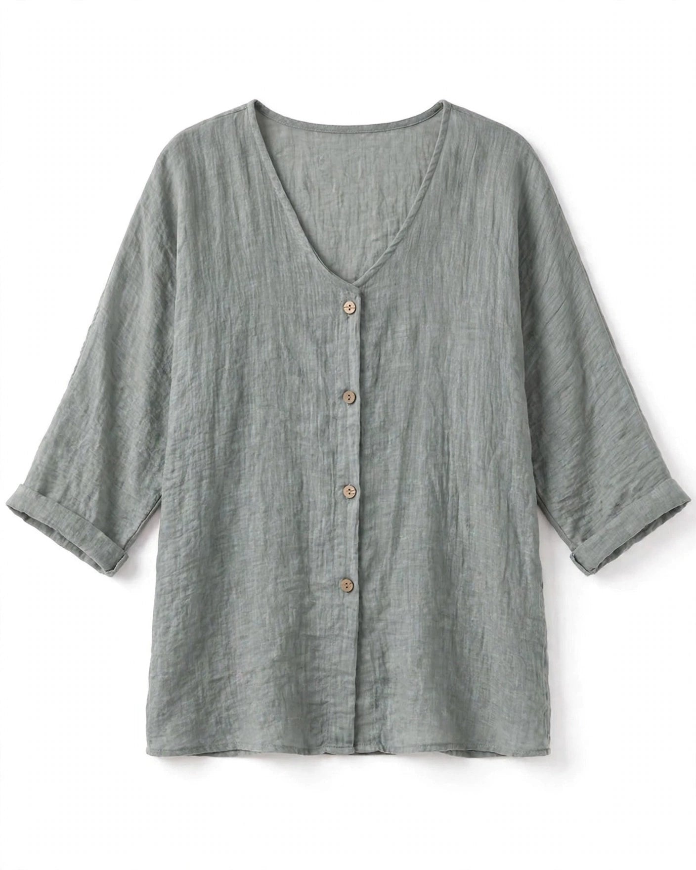 Raissa Loxstone | V-Neck Button Front Linen-Look Blouse For Women