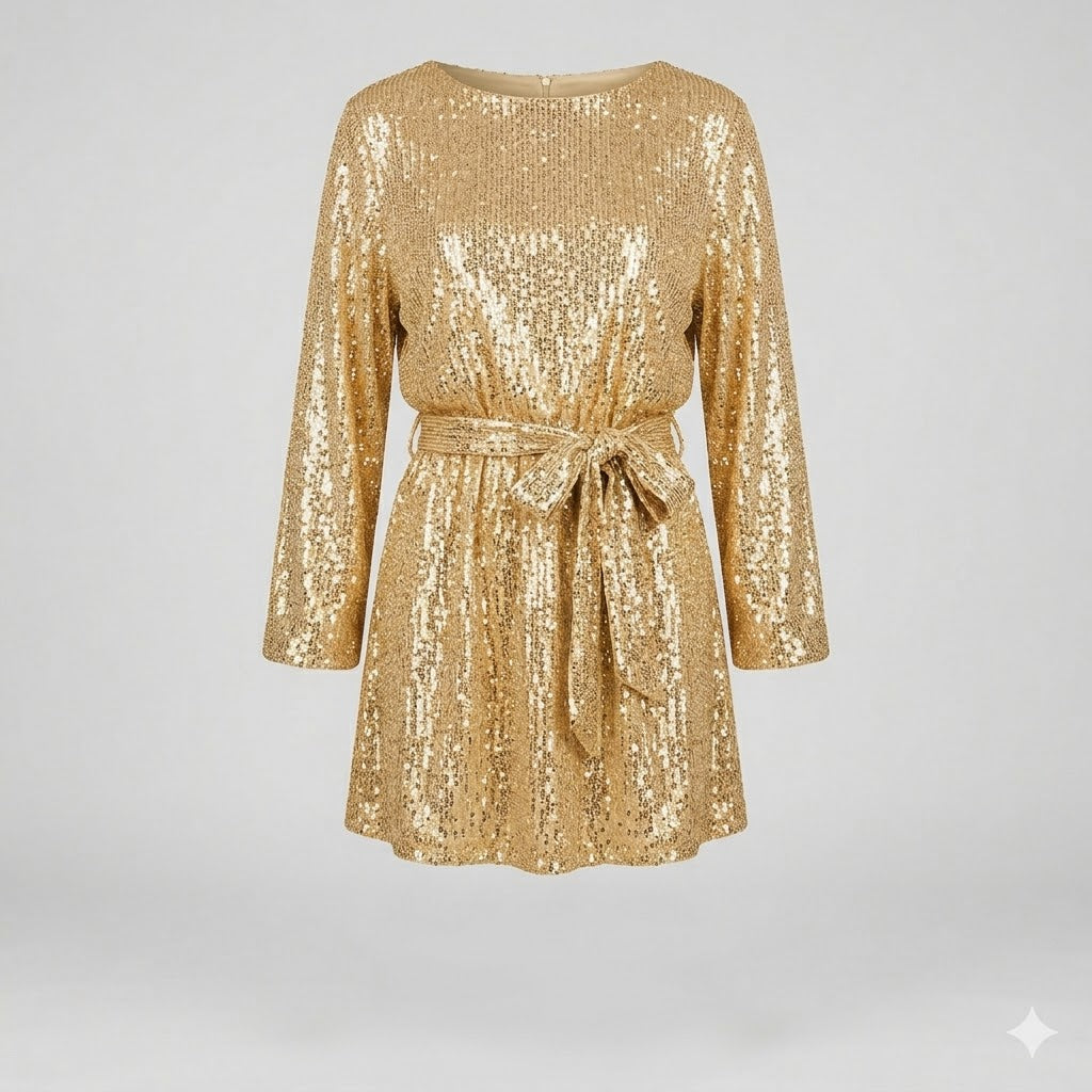 Chloé Bernard | Sparkling Sequin Mini Dress with Waist Tie Detail For Women