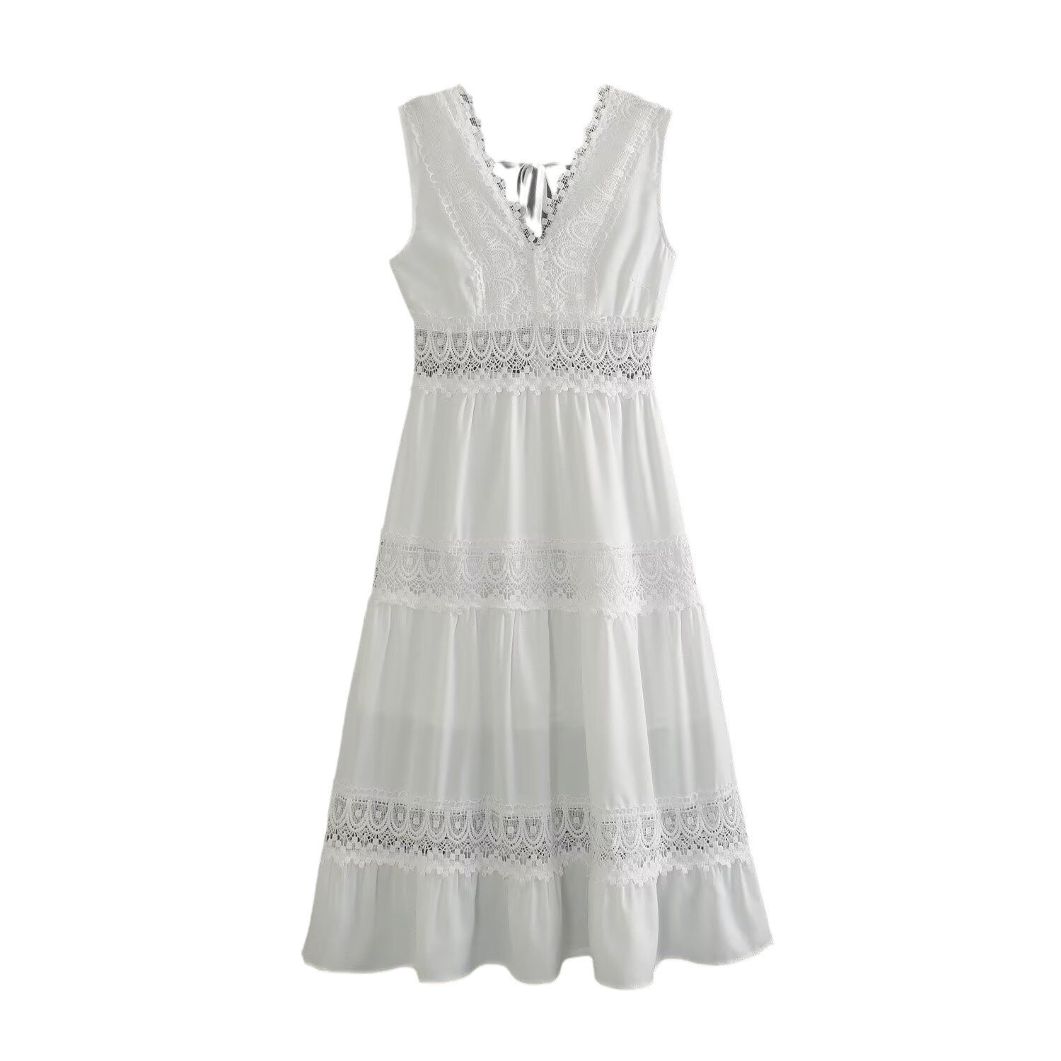 Amalia Henbridge | White Lace Trim V-Neck Midi Dress For Women