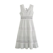 Amalia Henbridge | White Lace Trim V-Neck Midi Dress For Women