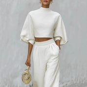Sylvia Harcourt | White Textured Crop Top & Wide-Leg Pants Set For Women