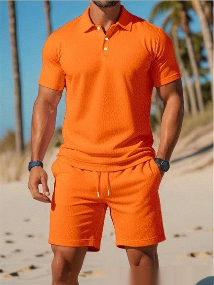 Adriano Pellgate | Waffle Knit Polo Shirt & Shorts Set For Men