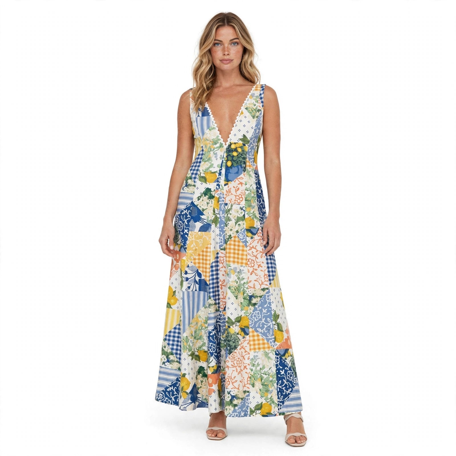 Rosalind Thackeray | Patchwork Print Maxi Dress With V-Neck For Women