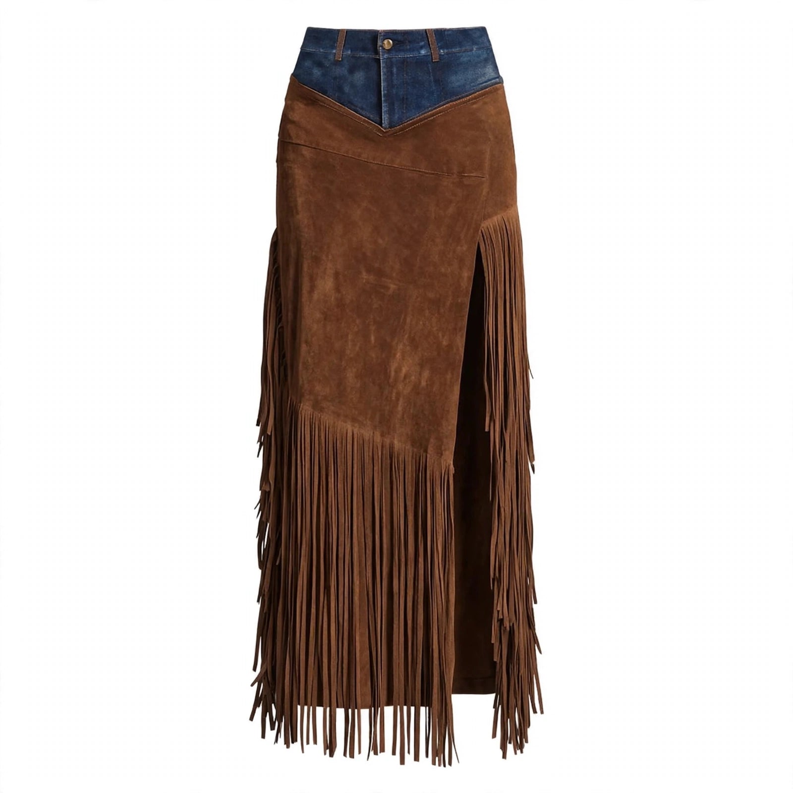 Nina Ashwood | Denim-Waist Suede Fringe Maxi Skirt For Women