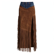Nina Ashwood | Denim-Waist Suede Fringe Maxi Skirt For Women