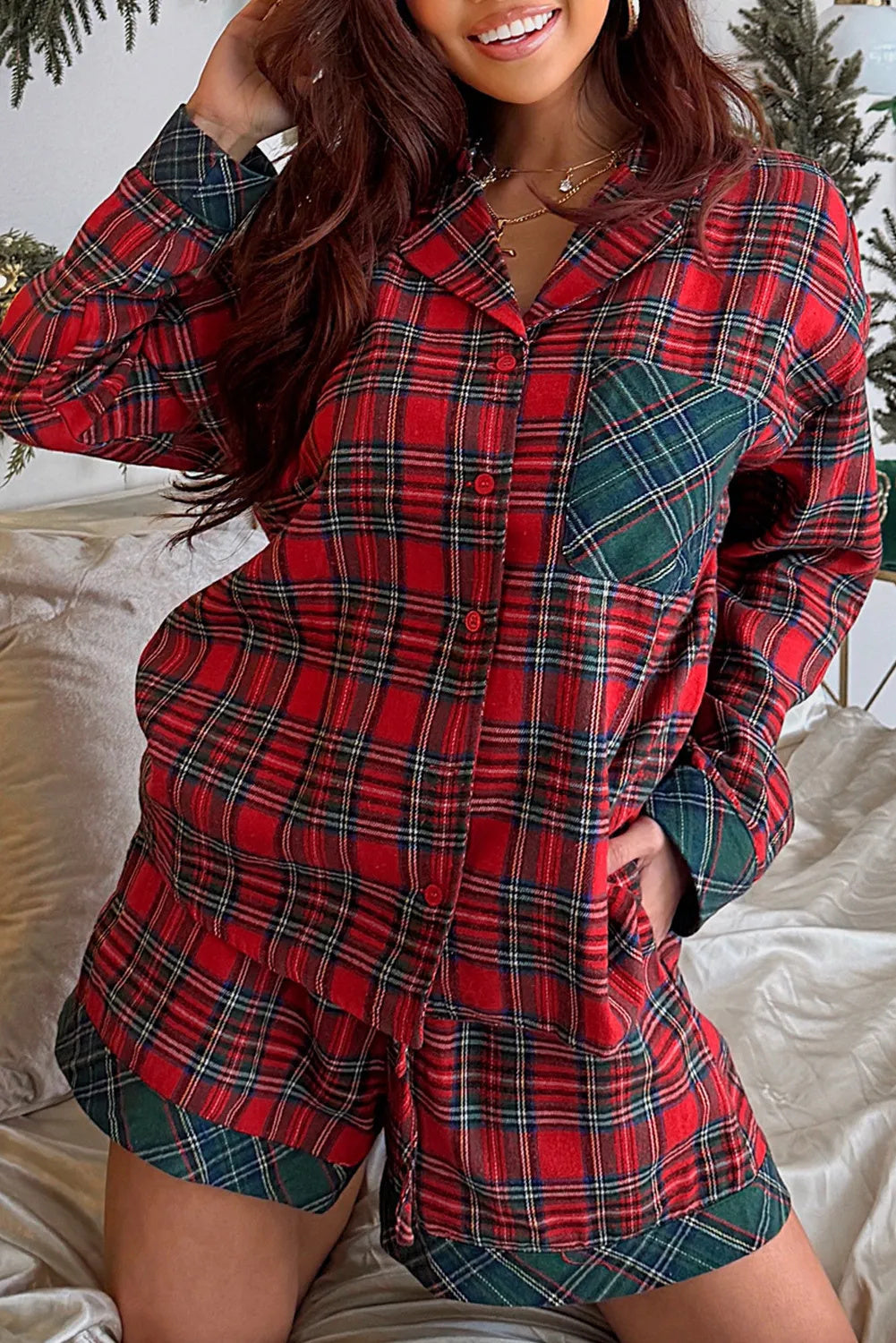 Ruby Fenwick | Red Plaid Long Sleeve Pajama Set For Women