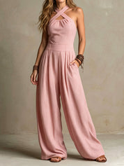 Cecilia Kelcombe | Charcoal Cross Halter Wide-Leg Jumpsuit For Women