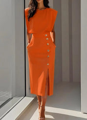 Rita Estton | Button Slit Sleeveless Midi Dress For Women