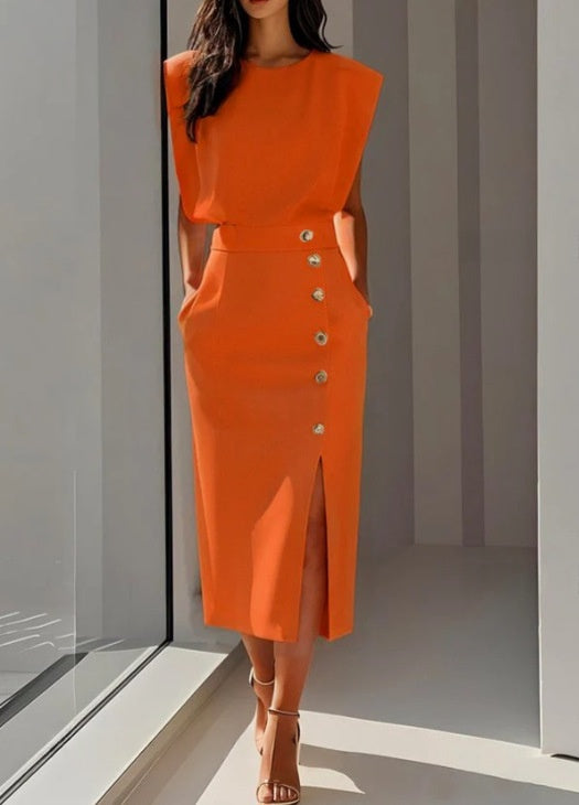Rita Estton | Button Slit Sleeveless Midi Dress For Women