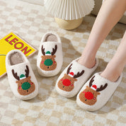 Reindeer Cheer | Cream Reindeer Print Christmas Slippers For Women