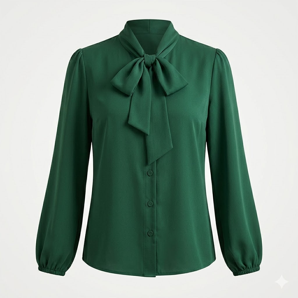 Camille Moreau | Elegant Tie-Neck Blouse with Satin Finish For Women