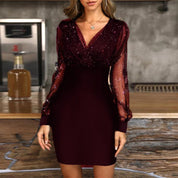 Elisa Aldham | Sequin V-Neck Sheer Sleeve Mini Dress For Women (Christmas / NYE)