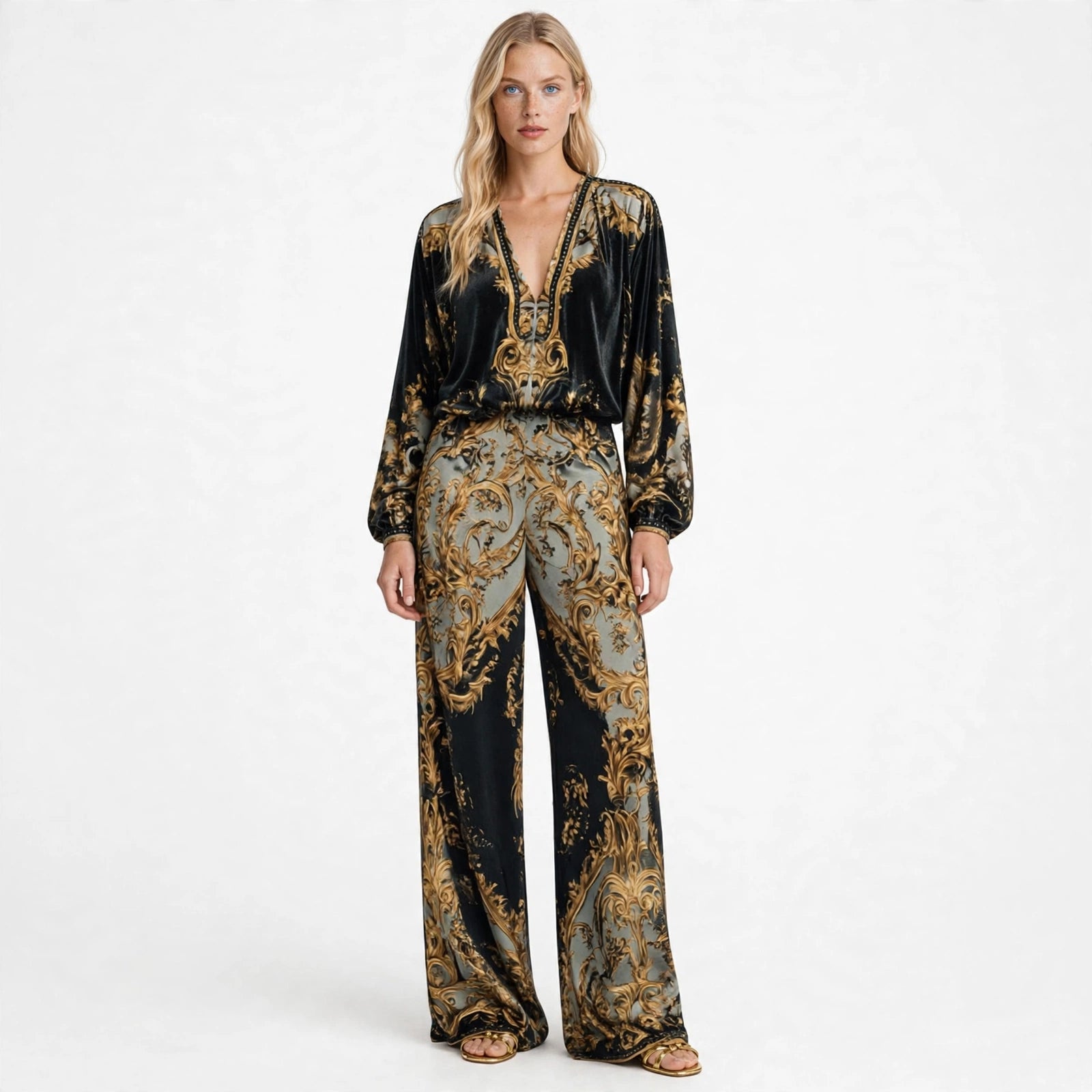 Margot Ashwood | Retro Baroque Print Wide-Leg Set For Women