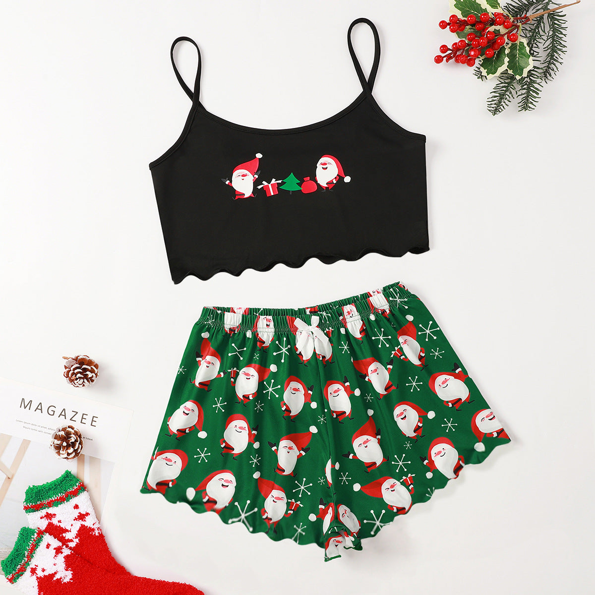 Winter Berry | Black Cami Green Santa Christmas Pyjamas For Women